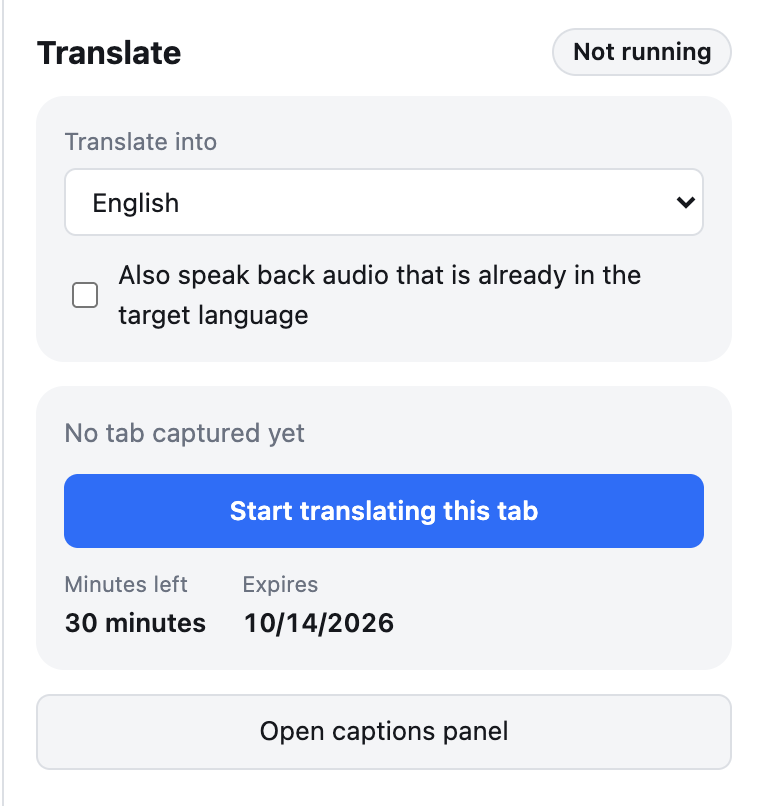 The Live Translate popup with the Start translating this tab button